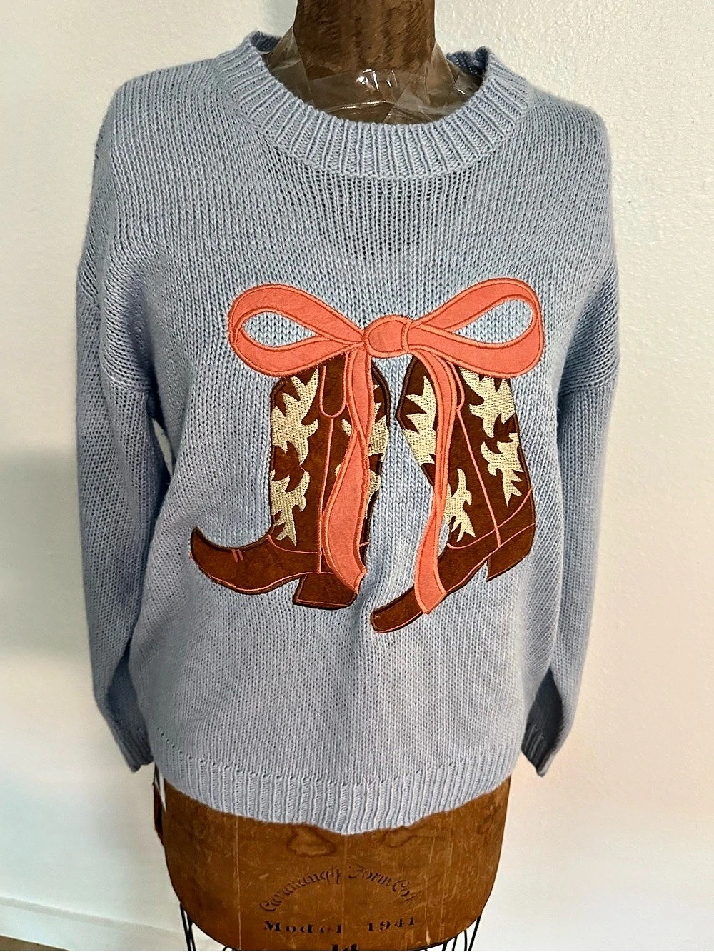 Aqua Blues Women's Cowboy Boot Graphic Sweater Blue Sizes L & XL NWT